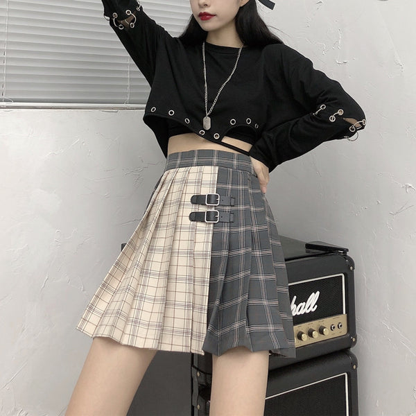 Harajuku brown gray pleated skirt yc22195