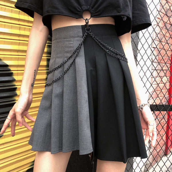 Black gray stitching pleated skirt yc22255