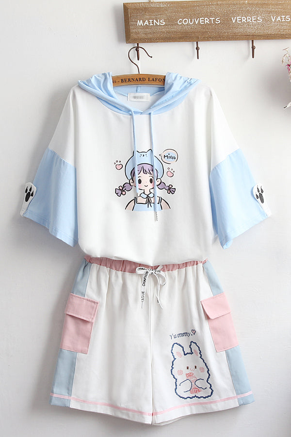 Cute printed embroidered hoodie + shorts YC24361