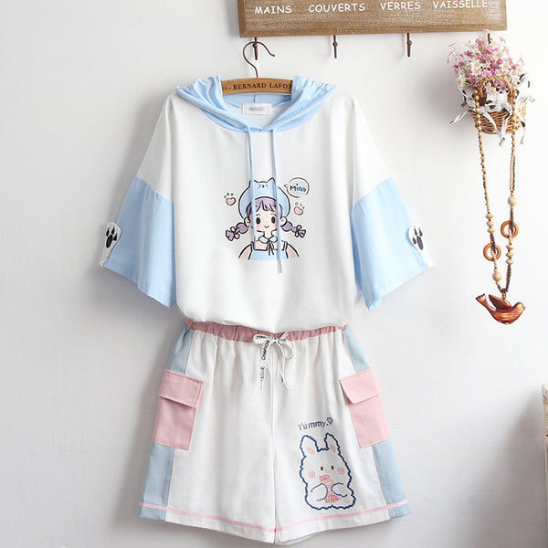 Cute printed embroidered hoodie + shorts YC24361