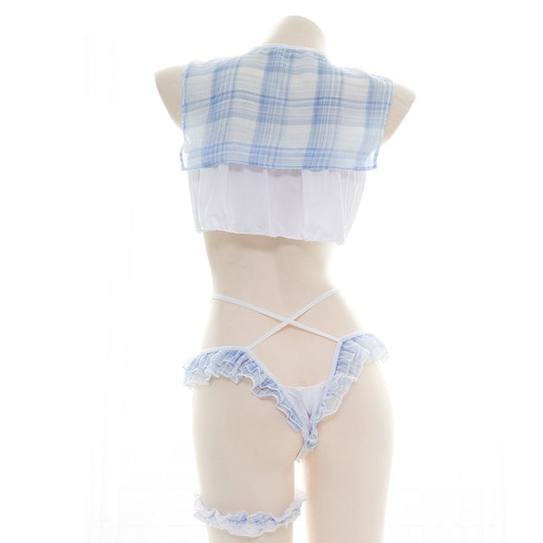 Sexy blue plaid bow knot maid outfit YC24323