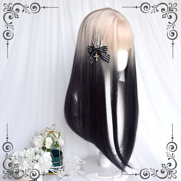 lolita beige gradient black long straight wig yc50123