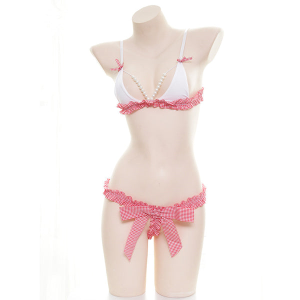 Sexy Pink Plaid Pearl Bikini Pajama Set  YC21339