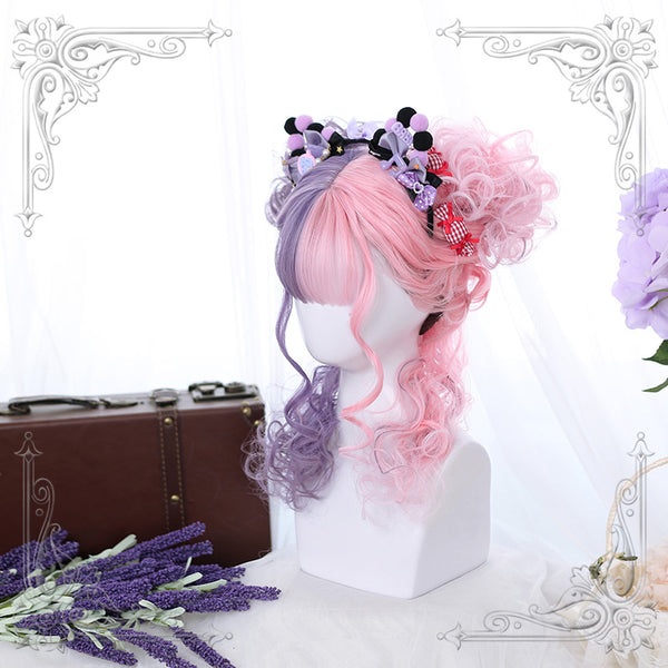 Pink purple curly wig yc22452