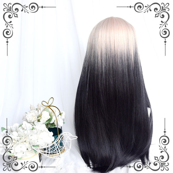 lolita beige gradient black long straight wig yc50123