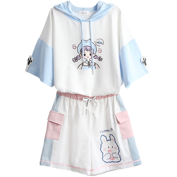 Cute printed embroidered hoodie + shorts YC24361