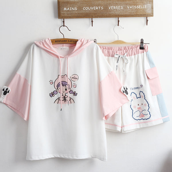 Cute printed embroidered hoodie + shorts YC24361