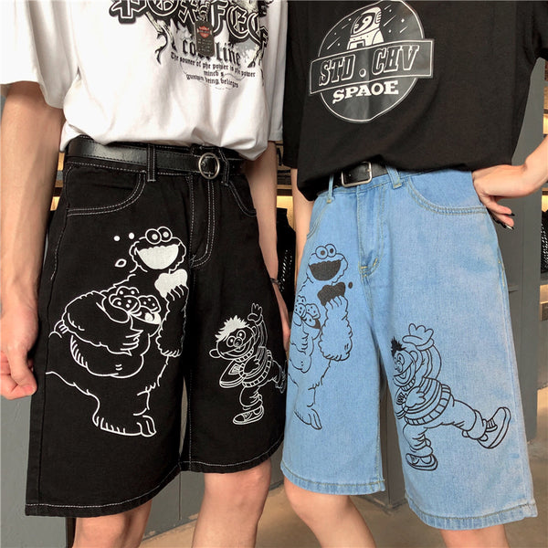Couple cartoon printed denim shorts YC21796