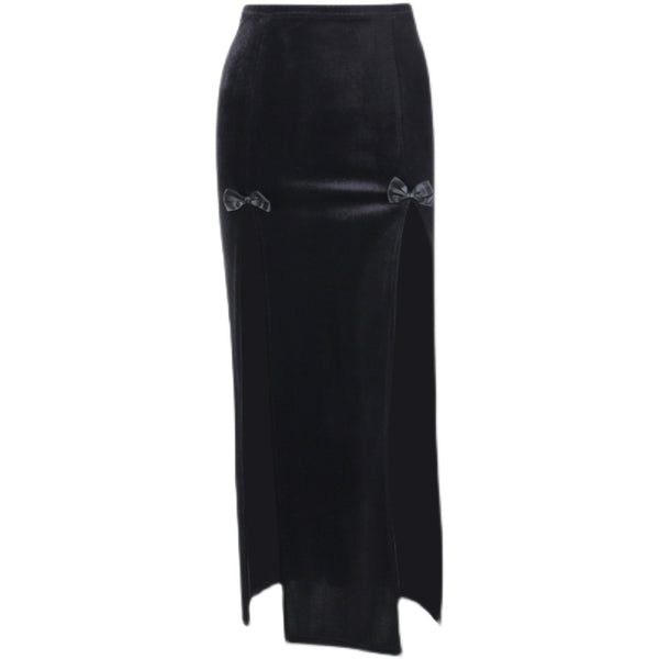 Dark bow velvet slit skirt yc50119