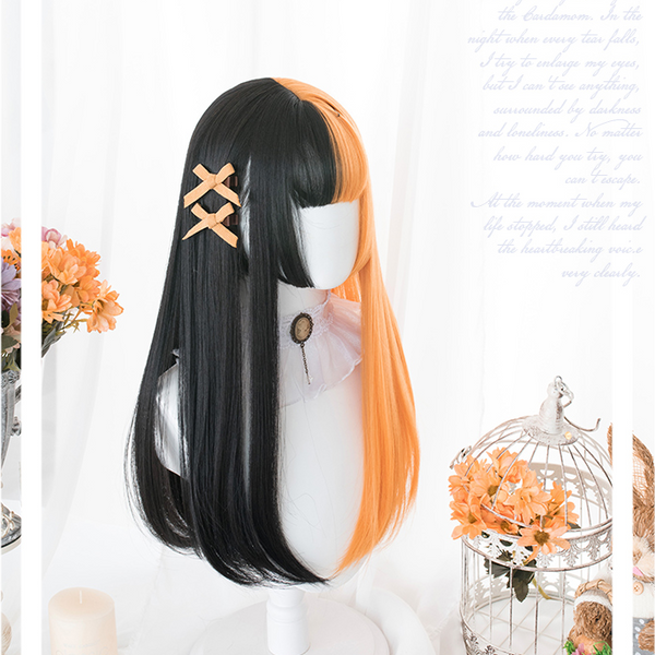 Lolita black orange straight curly hair wig yc22174