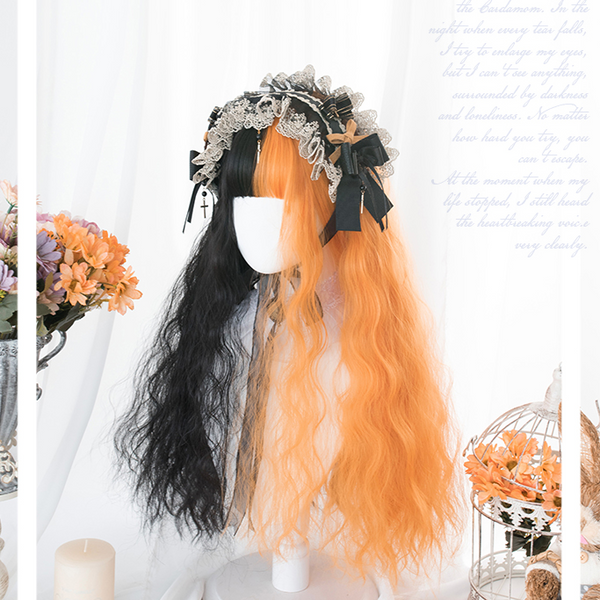 Lolita black orange straight curly hair wig yc22174