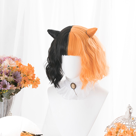 Lolita black orange straight curly hair wig yc22174