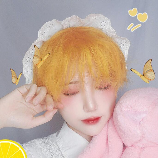 Harajuku Lemon Yellow Short Curly Wig YC23539