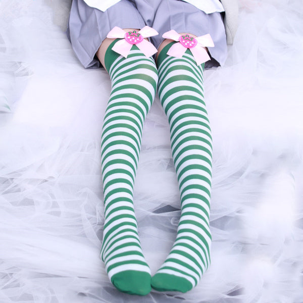 Lolita strawberry bow striped knee socks (pair)        YC21419