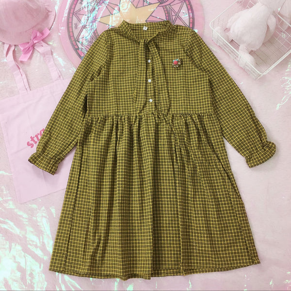 Japanese Vintage Plaid Long Sleeve Dress yc20600