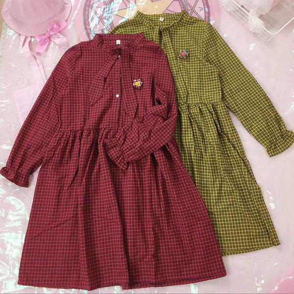 Japanese Vintage Plaid Long Sleeve Dress yc20600